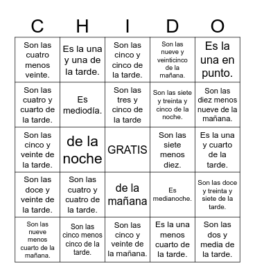 Time (sentence, words in Span.) Bingo Card