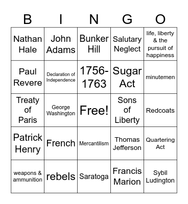 Revolutionary War Bingo Card