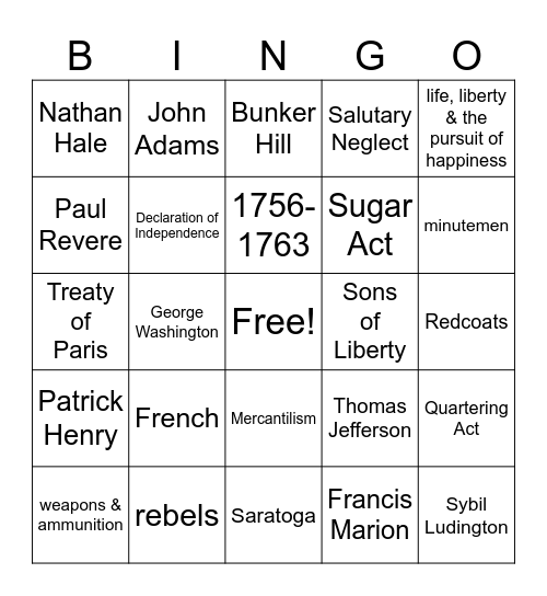 Revolutionary War Bingo Card