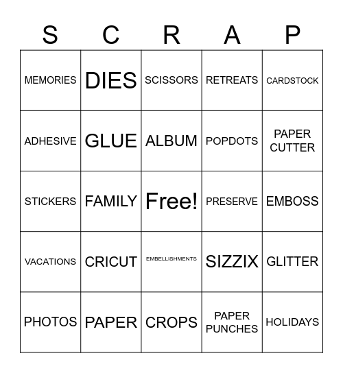 Scrapbooking Bingo Card