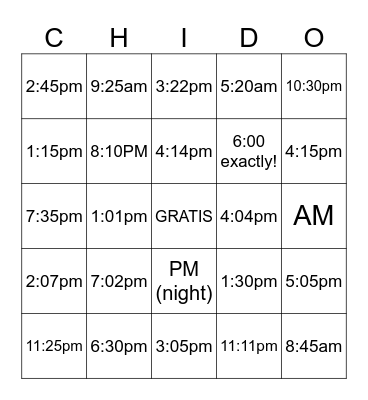 TIME (numerical) Bingo Card