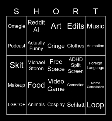 YouTube Shorts Bingo Card