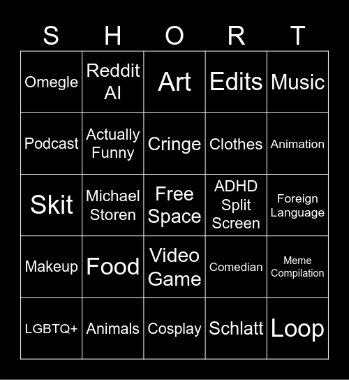 YouTube Shorts Bingo Card