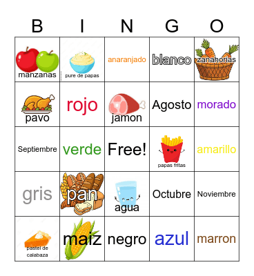 Comida, Meses, Colores (Food, Months, Colors) Bingo Card