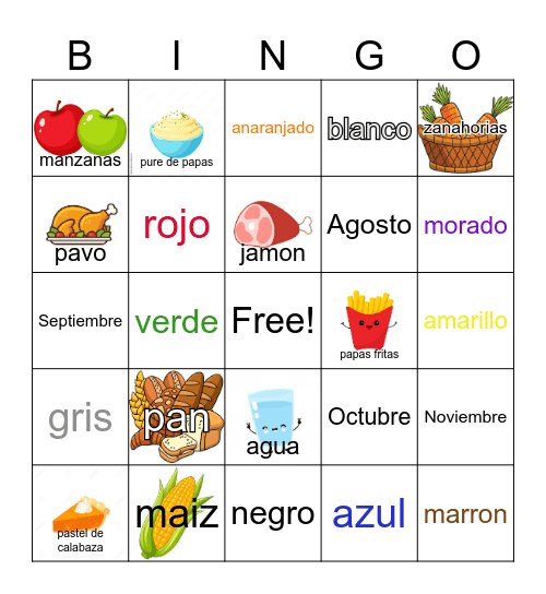 Comida, Meses, Colores (Food, Months, Colors) Bingo Card