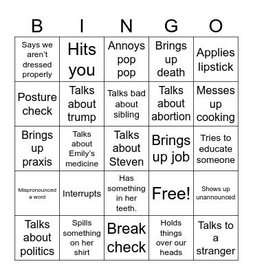 Grandma Bingo Card