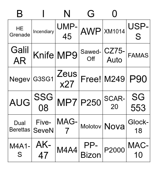 CS2 Gun Bingo Card