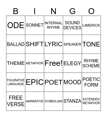 POETRY TERMS Bingo Card