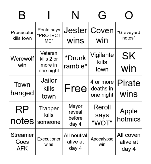 ToS2 Drinking Game Bingo Card