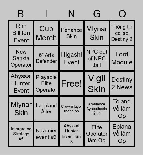 Arknights 4.5 Bingo Card