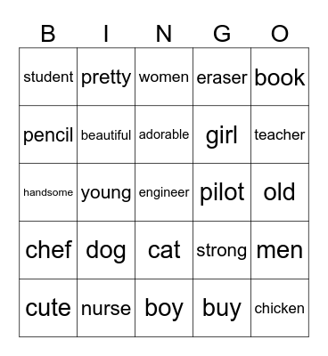 animal/job/adjective/noun/verb Bingo Card