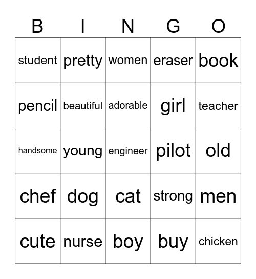 animal/job/adjective/noun/verb Bingo Card