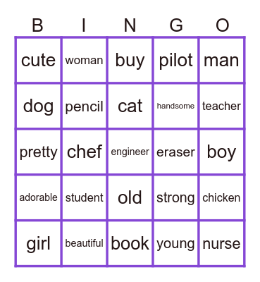 animal/job/adjective/noun/verb Bingo Card