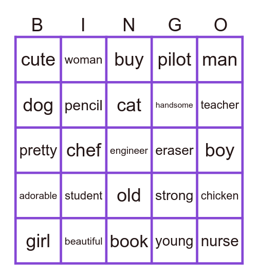 animal/job/adjective/noun/verb Bingo Card