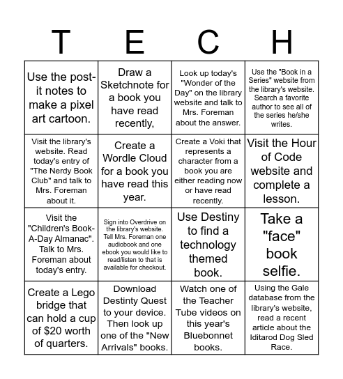 Teen Tech Week Bingo Card