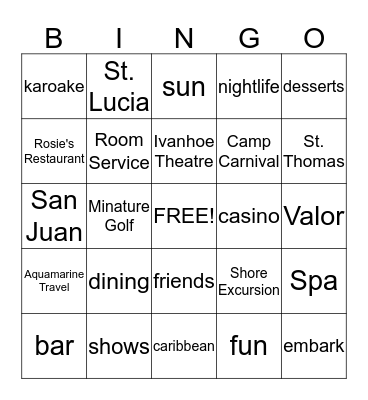 Southern Caribbean Cruise Bingo Card