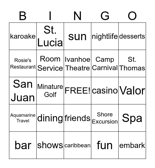 Southern Caribbean Cruise Bingo Card