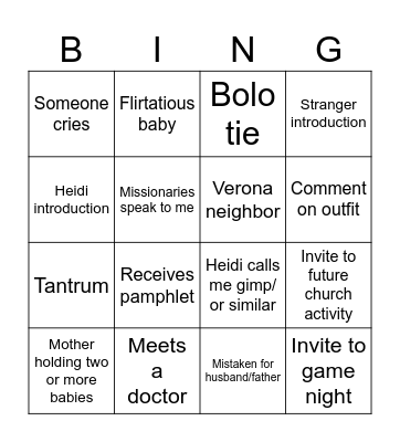 Mormon Church Bingo Card