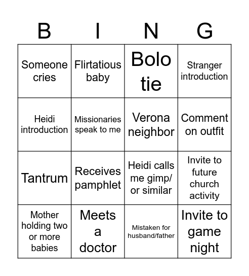 Mormon Church Bingo Card