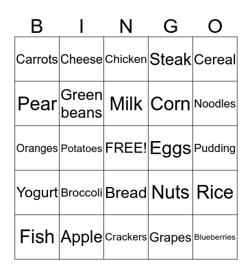 Nutrition Bingo Card