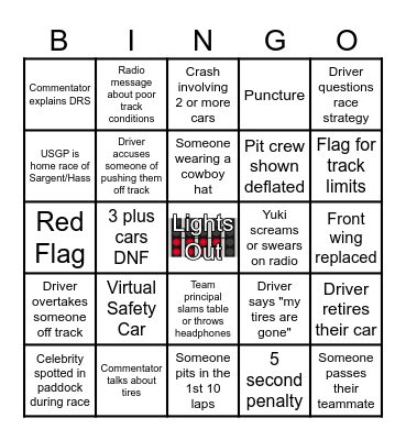 F1 Circuit of the Americas Bingo Card