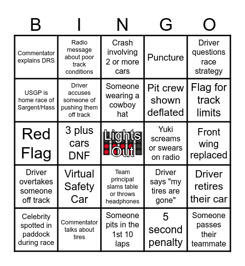 F1 Circuit of the Americas Bingo Card