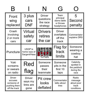 F1 Circuit of the Americas Bingo Card