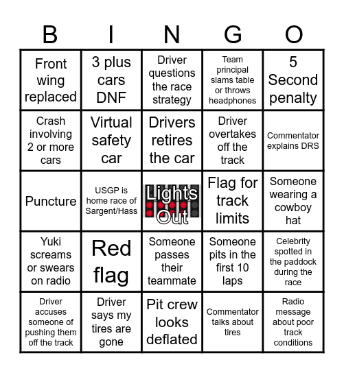 F1 Circuit of the Americas Bingo Card