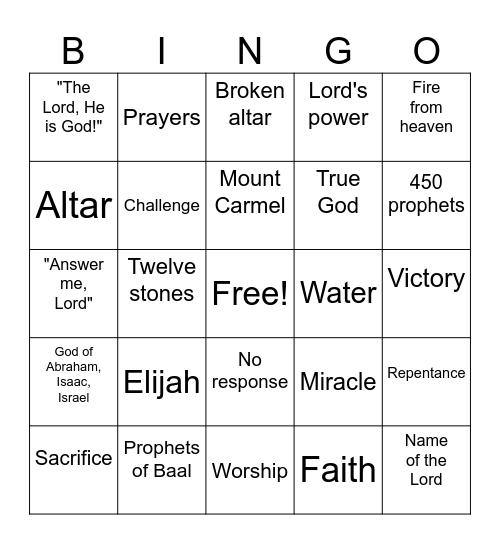 1 Kings 18:20-40 (Elijah) Bingo Card