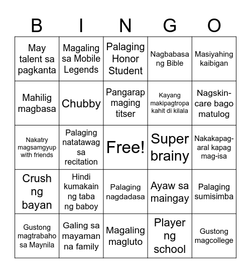 GETTING TO KNOW MY CLASSMATES Bingo Card
