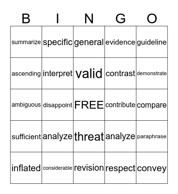 Vocabulary  Bingo Card