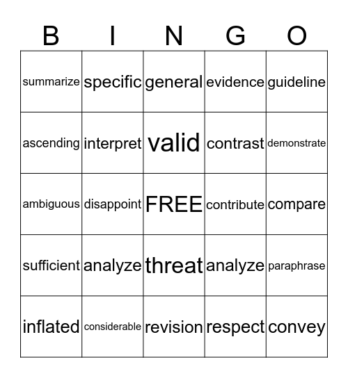 Vocabulary  Bingo Card