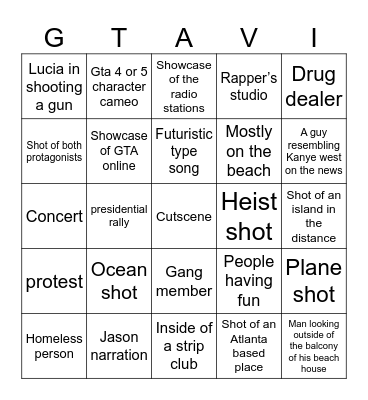 GTA VI Bingo Card