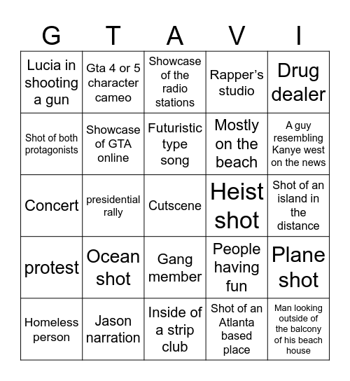 GTA VI Bingo Card