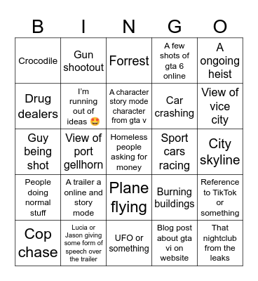 GTA vi bingo Card