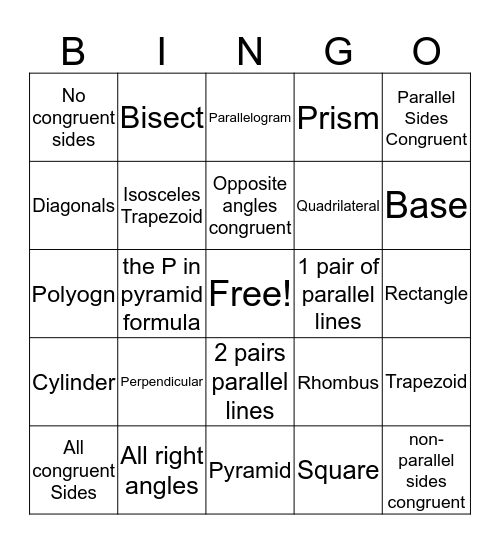 Quadrilateral Bingo! Bingo Card