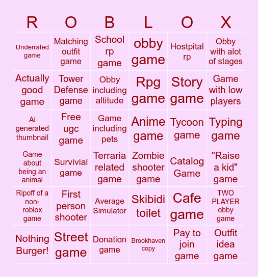 ROBLOX DISCOVER PAGE Bingo Card