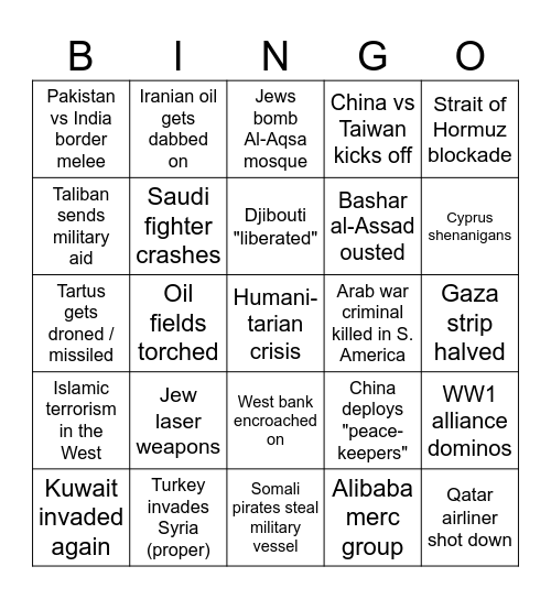 Middle East Bingo Card