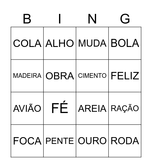 Bingo das Palavras escondidas Bingo Card
