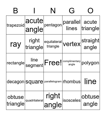 Geometry 6th grade Bingo Card