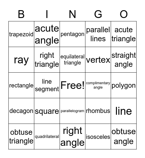 Geometry 6th grade Bingo Card