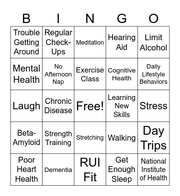 Healthy Aging Bingo Card