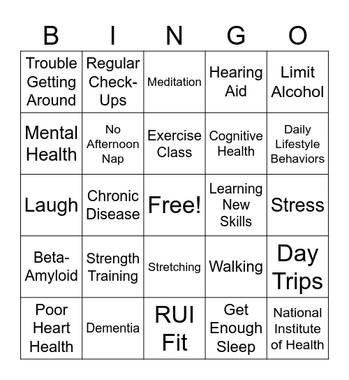 Healthy Aging Bingo Card