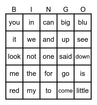 Sight Words Bingo Card