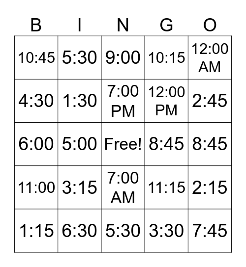 Telling Time Bingo Card