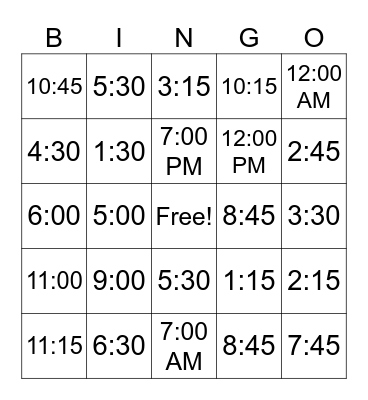 Telling Time Bingo Card