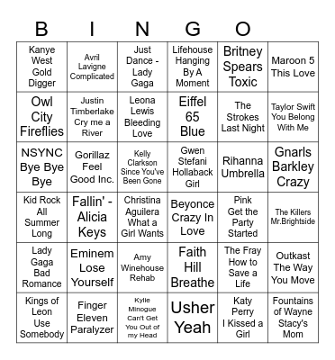 2000s Pop Hits Bingo Card