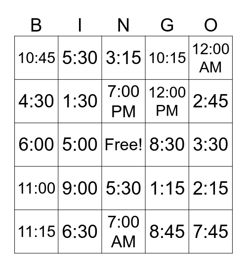 Telling Time Bingo Card
