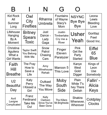 2000s Pop Hits Bingo Card