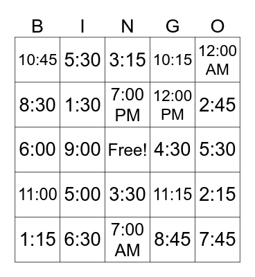 Telling Time Bingo Card